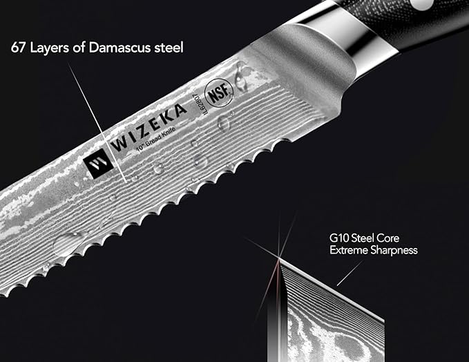 WIZEKA 10 inch Damascus Serrated Bread Knife for Homemade Bread: Razor Sharp VG10 Damascus Steel Multifunction Serrated Knife for Slicing Homemade Bread, Bagels, Cake