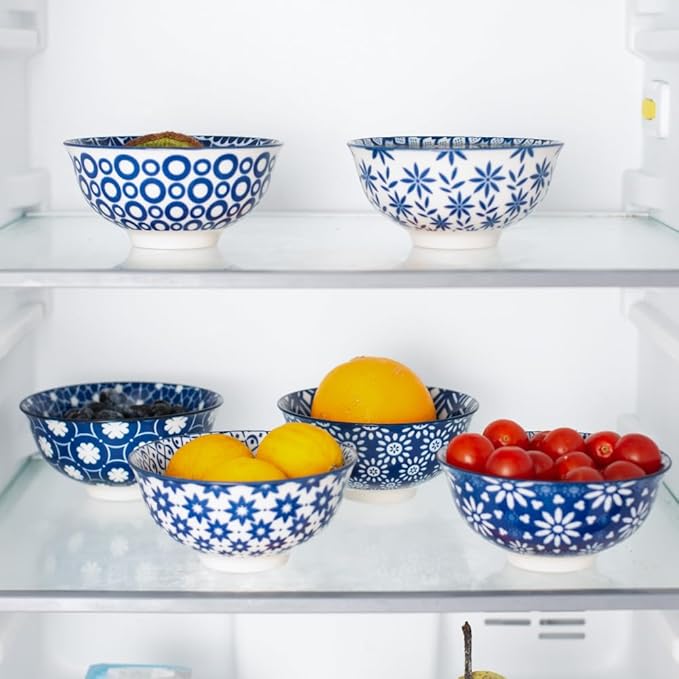 AntoKueh Blue and White Ceramic Bowls Set of 6, 4.7in Small Dessert bowl 10 oz for ice cream, Snack, Porcelain bowl for Dipping,Dishwasher/Microwave safe