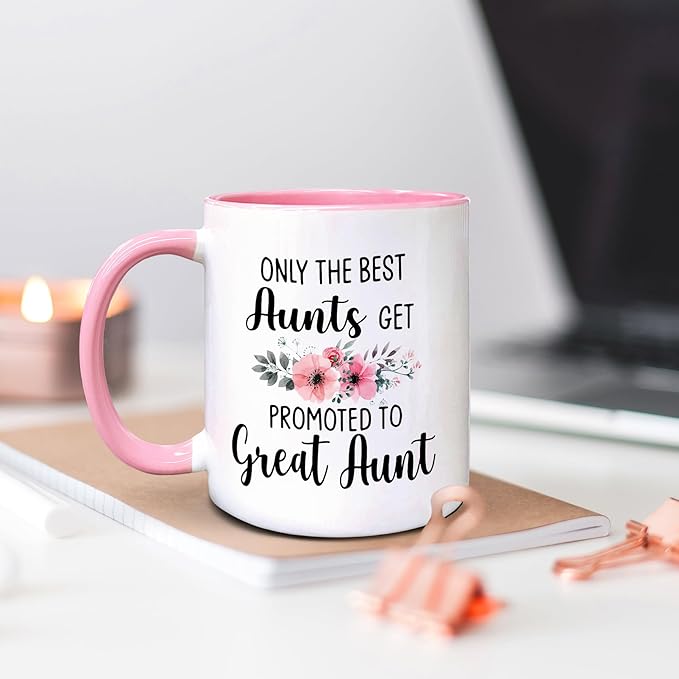 QASHWEY Great Aunt to Be Gifts Coffee Mugs Mug, Funny Pregnancy Announcement Gifts for Auntie New Great Aunt, Get Promoted to GreatAunt Double Side Printed Ceramic Mug Cup 11 Ounce(Pink)
