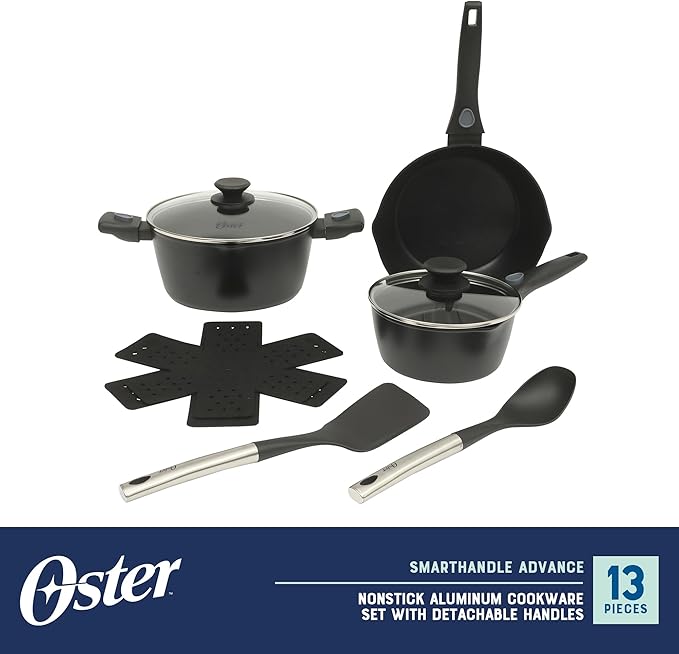 Oster SmartHandle Advance 13-Piece Nonstick Cookware Set ??Matte Black Finish, Induction Base, Detachable Handles, Forged Aluminum, Oven & Dishwasher Safe, With Utensils & Pan Protectors