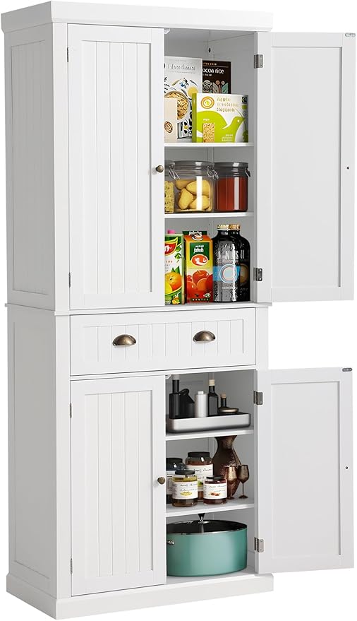 72" Kitchen Pantry Storage Cabinet, Freestanding Cupboard with 2 Cabinets, Drawer and Adjustable Shelves, Tall Storage Cabinet for Kitchen, Dinning Room, Living Room (White)