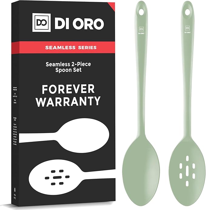 DI ORO Silicone Spoons for Cooking - Large Kitchen Spoons for Mixing, Serving, & Stirring - 600째F Heat-Resistant Non Stick Utensils ??Big Solid & Slotted Basting Spoons - Dishwasher Safe (2pc, Sage)