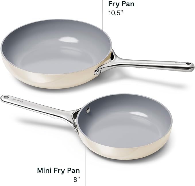 Caraway Fry Pan Duo - Nonstick Ceramic Frying Pan (8" & 10.5?? - Non Toxic, PTFE & PFOA Free - Oven Safe & Compatible with All Stovetops (Gas, Electric & Induction) - Cream