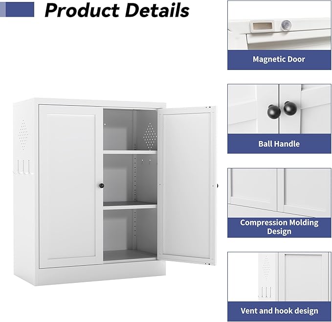 Metal Pantry Cabinet, 35 Inch Tall Kitchen Storage Cabinet, Pantry Cabinet with Doors and 2 Adjustable Shelves, Food Pantry Storage Cabinet for Kitchen, White