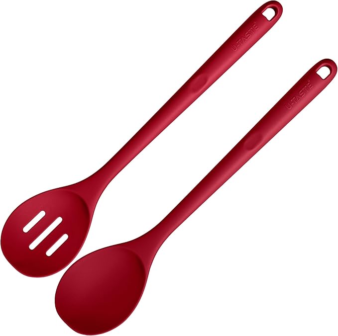 600쨘F Heat Resistant Silicone Spoons: U-Taste 13.3in Solid & Slotted Kitchen Cooking Spoon, Nonstick Long Rubber Utensil, Sturdy for Mixing, Serving, Stirring, Frying, Draining (Red, 2PCS)