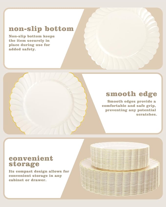 YOUBET 100PCS Ivory Scalloped Plastic Plates - Heavy Duty Gold Disposable Fancy Hard Plates Include 50 Dinner Plate, 50 Dessert Plate, for Wedding & Party Valentines Day