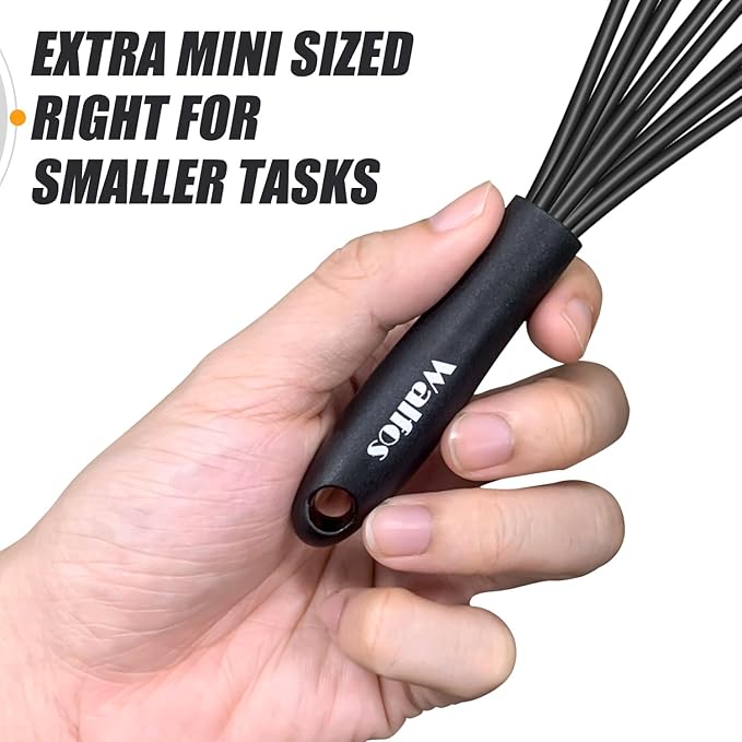 Walfos Whisk 5+7in/12cm+17cm Mini Whisk,Silicone Whisks Non Scratch Heat Resistant (480째F). Nice for stirring individual eggs and mixing small amounts of powder and sauce.Dishwasher Safe.Black