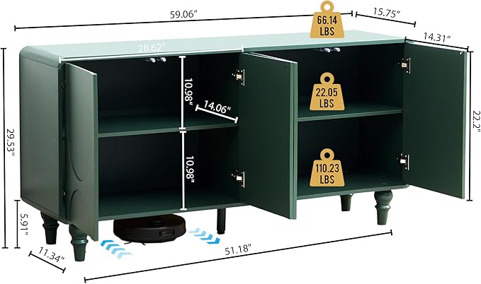Mid Century Modern Sideboard Buffet Cabinet with Storage, Kitchen Sideboard Credenza Storage Cabinet with Doors and Shelves for Home Coffee Bar, Dining Room, Office, Entryway - Green