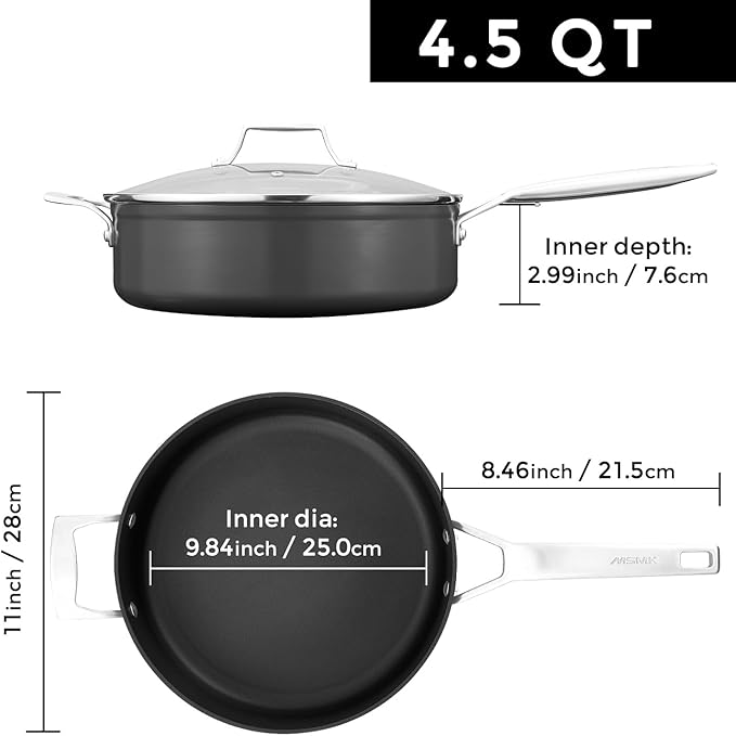 MsMk Nonstick Deep Frying Pan, 4.5 Quart Saute Pan with lid, 11 inch, Stay-Cool Handle, Smooth Bottom, PFAS Free Non-Toxic, Oven safe to 700?? Induction, Ceramic and Gas Cooktops