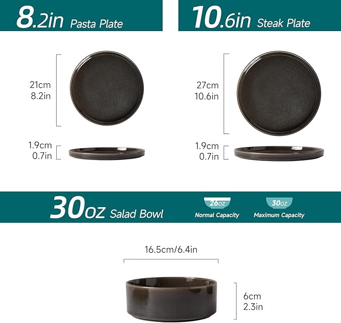 Stoneware Dinnerware Sets, Plates and Bowls Set for 4, 12-Piece Modern Stoneware Dinnerware ??Chip Resistant, Non-Toxic, Dishwasher and Microwave Safe Tableware竊똆lossy Black