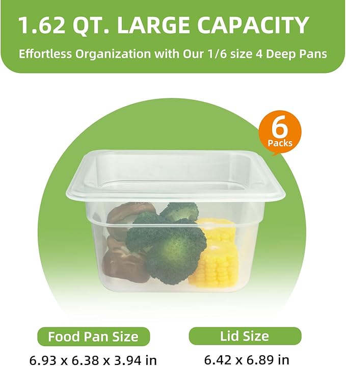 6-Pack Food Pan with Lids, 1/6 Size Food Storage Containers for homes, schools, restaurants, hotels Meal Prep, -40??160?? Stackable, Freezer-Safe (1/6 size 4 inch deep, 1.53L/1.62QT)