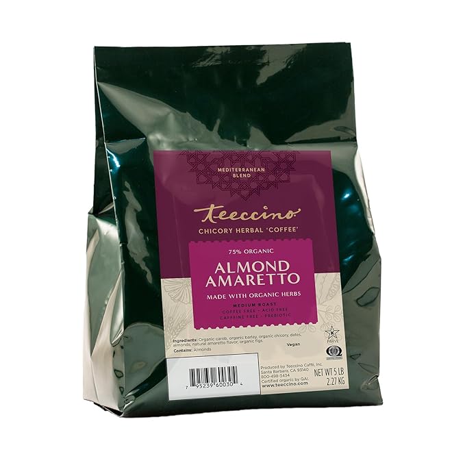 Teeccino Almond Amaretto Chicory Coffee Alternative, 5 Lb Bag - Ground Herbal Coffee That?™s Prebiotic, Caffeine Free & Acid Free, Medium Roast