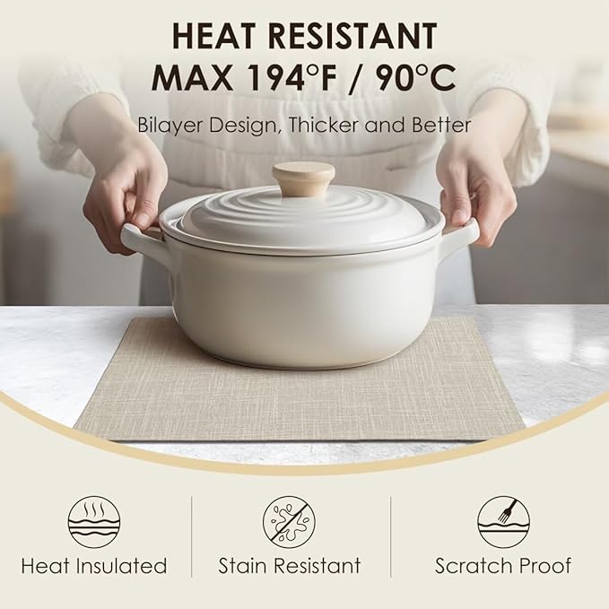 Aironment Placemats Set of 4, Bilayer Thickened Linen Place Mats Heat Resistant Machine Washable Wrinkle Free Carefully Selected Polyester Mats for Kitchen/Dining/Coffee Table (Cream Beige)