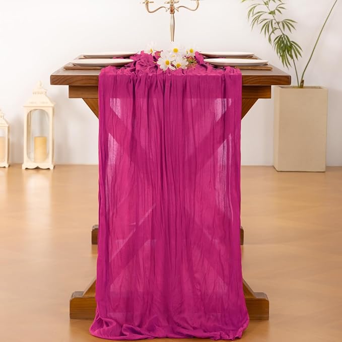 Socomi 3pcs Fuschia Spring Cheesecloth Table Runner Boho Rustic Gauze 120 inch 10FT Cheese Cloth Runner for Wedding Party Baby Shower Birthday Home Decor