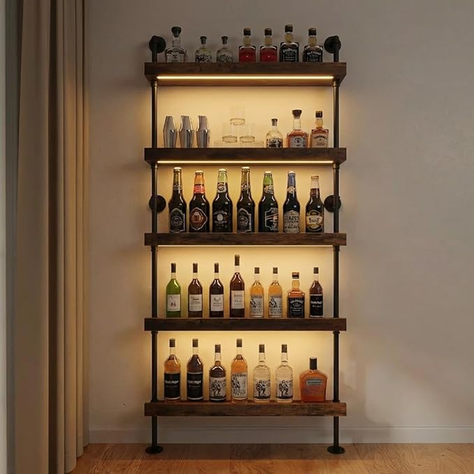 5-Tier Wall Mounted Wine Rack with LED, Floating Bar Shelves Liquor Bottle Organizer, Modern Display Shelf Holds 30+ Bottles, for Kitchen Wall, Home Bar, Restaurant (31.5INCH-LED)