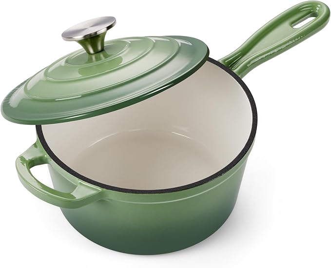 Onader Cast Iron Sauce Pan Pot, 2QT Small Saucepan with Lid, Enameled Cast Iron Dutch Oven Cooking Kitchen Pot ??Pistachio Green
