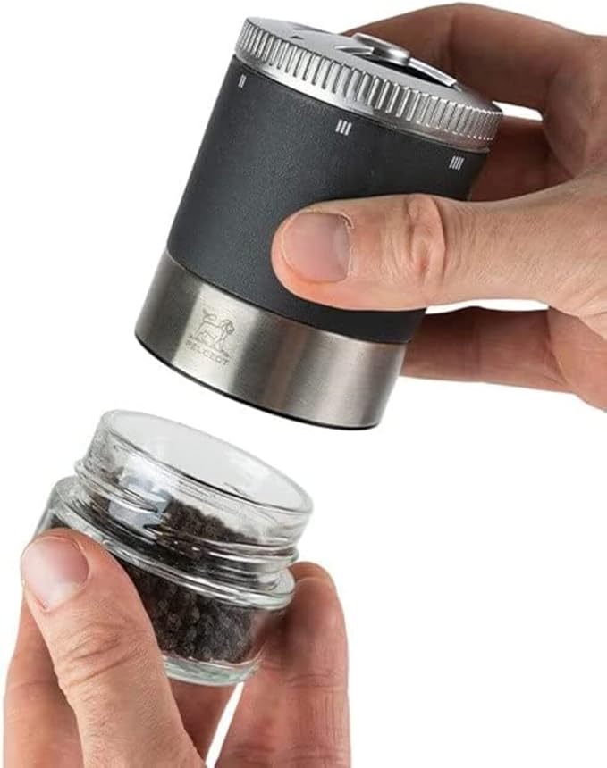 PEUGEOT - Maestro Pepper Bar - 10cm Pepper Mill with U'Select Adjustment - 3 Premium Peppercorns, 3 Interchangeable Empty Vials, Felt - Made in France - PEFC Wood & Stainless Steel - Graphite Color