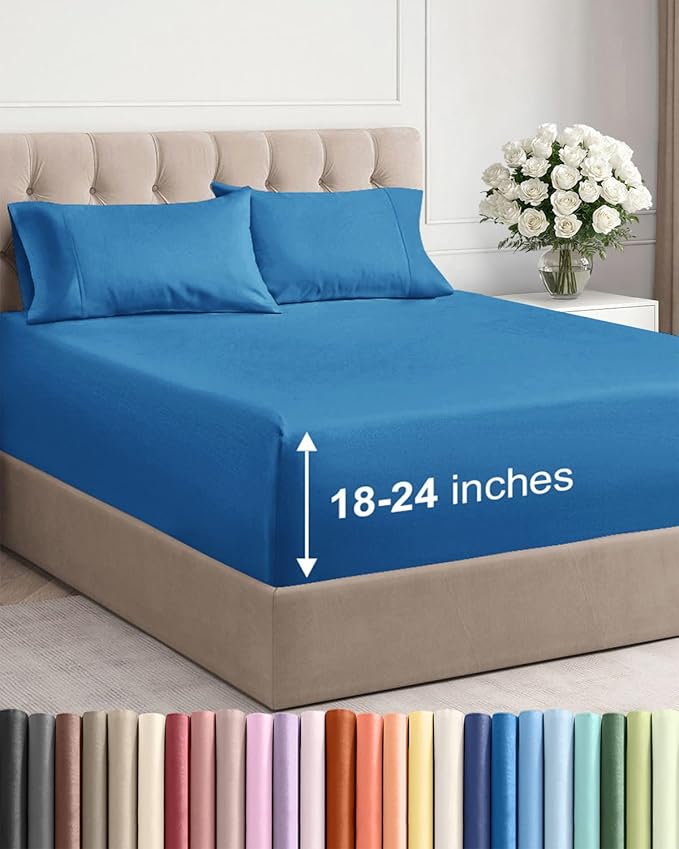 Extra Deep Pocket Full Sheets - 4 Piece Breathable & Cooling Bed Sheets - Hotel Luxury Bed Sheet Set - Soft, Wrinkle Free & Comfy - Easily Fits Extra Deep Mattresses - Deep Pocket Denim Blue Sheets