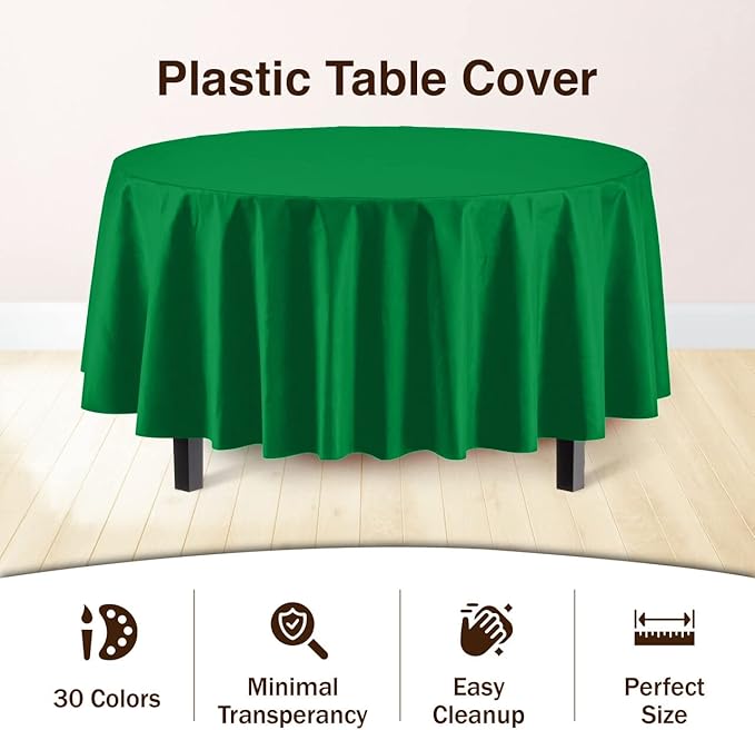 Party Solids 6-Pack Premium Plastic Tablecloth 84in. Round Plastic Table Cover - Emerald Green