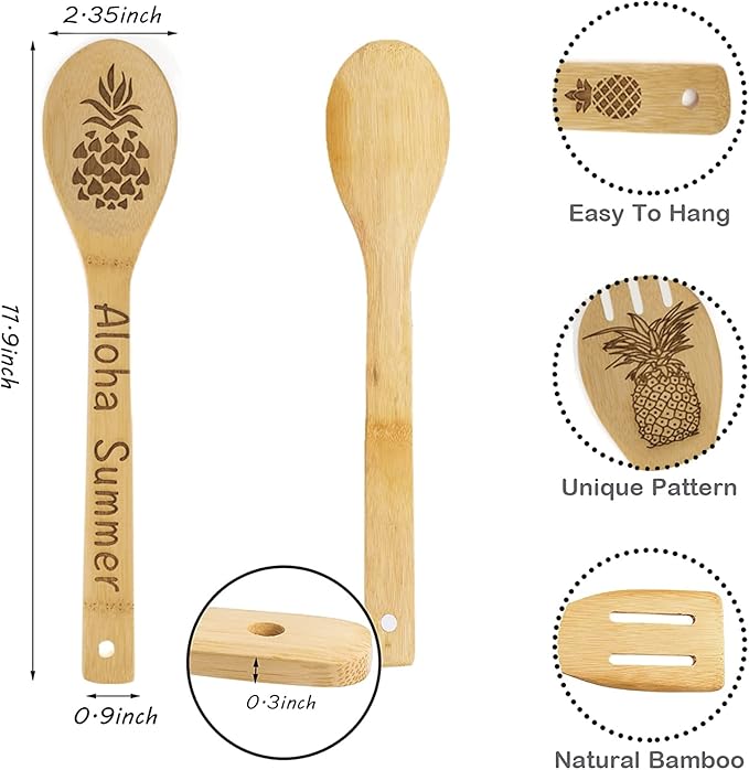 5Pcs Pineapple Wooden Cooking Spoons,Pineapple Gifts,Pineapple Kitche Decor, Pineapple Carve Burned Bamboo Spoons,Pineapple Gifts for Women Housewarming wedding Birthday Mom Cooking Gifts