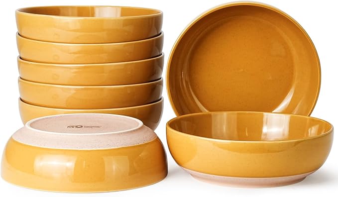 Pasta Bowls Set of 8, 34oz Speckled Ceramic Bowls Set for Serving Salad, Pasta, Soup, Dinner, 8" Wide and Deep Bowls, Dishwasher & Microwave Safe, Matte Terracotta Base (Ginger Yellow)