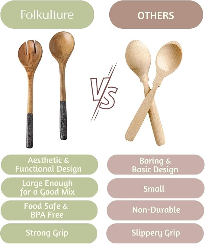 Folkulture Salad Servers or Salad Tongs | Set of 2 (12") Serving Spoons in Kitchen Essentials or Salad Hands Set | Wooden Salad Tongs for Serving | Christmas Gifts for Women Unique