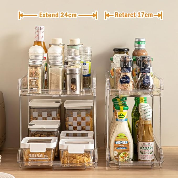 Expandable Cabinet Organizer Shelf, 2-Tier kitchen Counter Organization Shelves, Spice Rack,Clear Plastic Countertop Storage Rack for Makeup, Pantry, Cupboard, Bathroom, Desk Organization