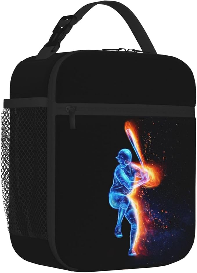 Boys Insulated Lunch Box with a Blue Baseball Player Pattern Print, Sports-themed Lunch Bags with Water Bottle Holder for Adults Kids Teens, Reusable Portable Tote Meal Bags Gifts for Son Daughter