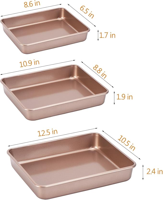 CAMOFOXIN Nonstick Roasting Pan, Deep Baking Pan Set, Large Cake Pan Sets for Oven, 3-Piece Brownie Pan （Gold）