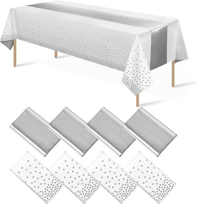 8Pack Disposable Plastic Tablecloths and Satin Table Runner Set White and Silver Dot Tablecloth Silver Satin Table Runner for Wedding Birthday Baby Shower Anniversary Christmas New Year Party Supplies