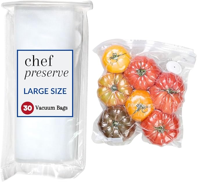 Chef Preserve Reusable Vacuum Sealer Bags for Food ??30 BPA-Free Large (12 x 13 in) Food Storage Bags, Freezer, Microwave ??Odor-Resistant, Leak-Proof ??Compatible with Chef Preserve Vacuum Sealers