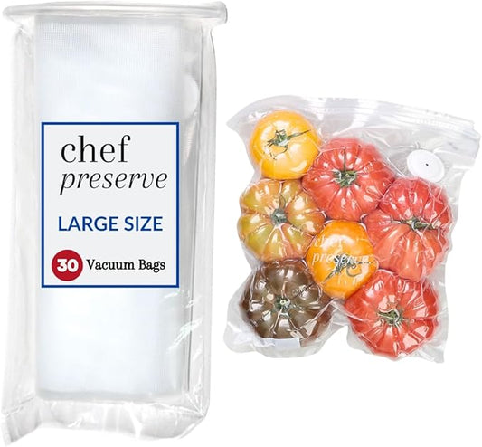 Chef Preserve Reusable Vacuum Sealer Bags for Food ??30 BPA-Free Large (12 x 13 in) Food Storage Bags, Freezer, Microwave ??Odor-Resistant, Leak-Proof ??Compatible with Chef Preserve Vacuum Sealers