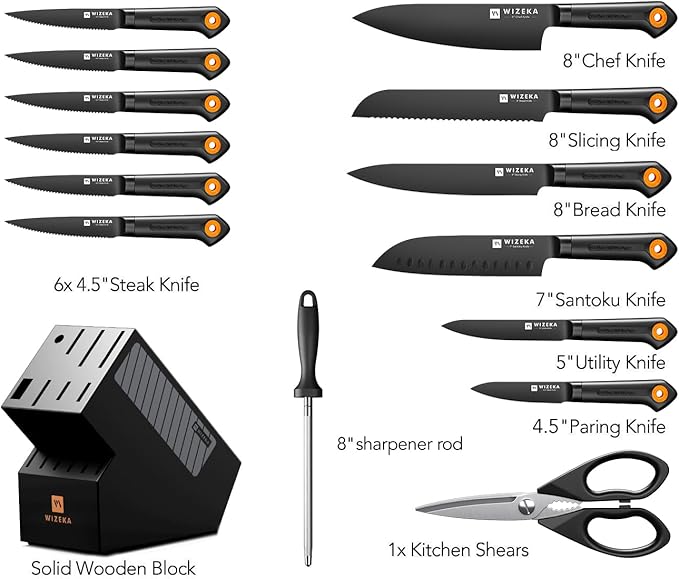 WIZEKA Kitchen Knife Block Set: 15 Pieces Extremely sharp Black Knife Set with Sharpener, Dishwasher Safe Knife Block Set Dark Vision Series
