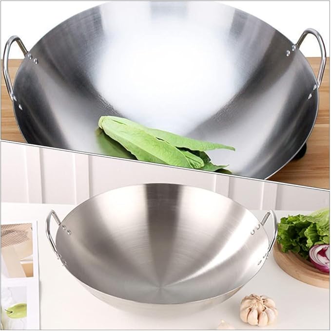 STOBOK Pots Wok Pan 28cm Double Handle Wok Stainless Steel Fry Pan Large Capacity Saute Pan Round Bottom Multipurpose Stewpot Skillet Works for Gas Cooktops Electric Frying Pan