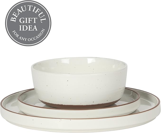 Gibson Elite Northrock Stoneware Dinnerware Set, 12-Piece Service for 4 Plates and Bowls Set ??White Dishes with Hand-Painted Terracotta Base