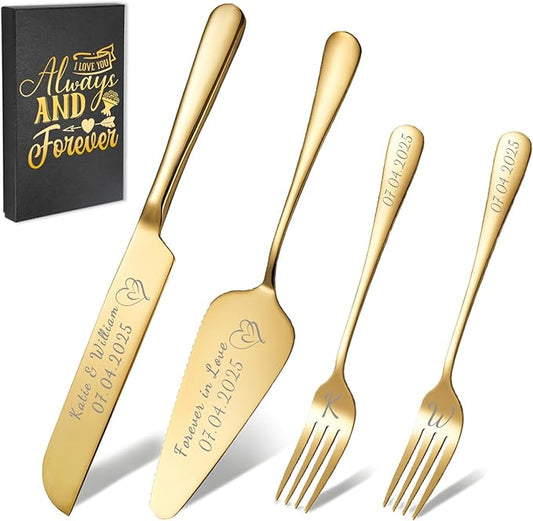 HJX Personalized Cake Knife and Server Set for Wedding - Engraved Stainless Steel Cake Cutting Set, Custom Elegant Cake Cutter Gift for Anniversary Birthday (05-Gift Box Gold)