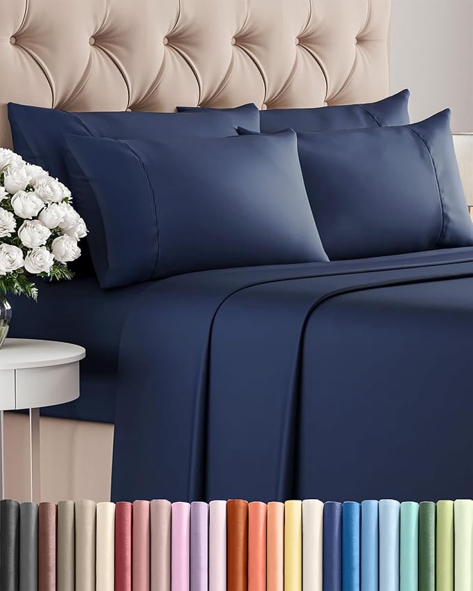 Full 6 Piece Sheet Set - Cooling and Breathable Bed Sheets - Hotel Luxury Bed Sheets for Women, Men, Kids & Teens - Bedding with Deep Pockets & Easy Fit - Soft and Wrinkle Free - Full Navy Blue Sheets