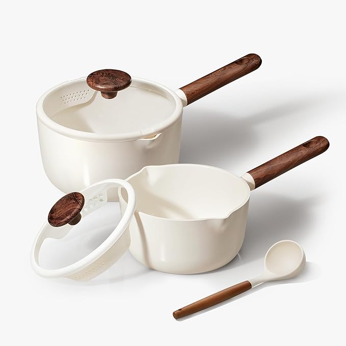 CAROTE 2QT & 3QT Sauce Pan Sets with Lid & Ladle Ceramic Nonstick Pot Set Non Toxic Saucepan Small Kitchen Cooking Pots, Easy to Clean, Induction Comptable, PFAS PTFE Free