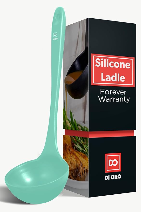 DI ORO Silicone Ladle ??Soup Ladle for Cooking & Serving Heat-Resistant - Large Kitchen Soup Ladle Nonstick Cookware Safe - Soup Serving Spoon with Wide Bowl - Silicone Utensil Dishwasher Safe (Mint)
