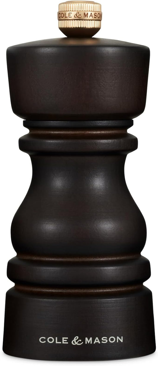 Cole & Mason London Refillable Spice Mill - Kitchen & Home Accessory - Table Black Pepper Grinder - Pepper Mill with Carbon Steel Mechanism - 5", Chocolate Wood