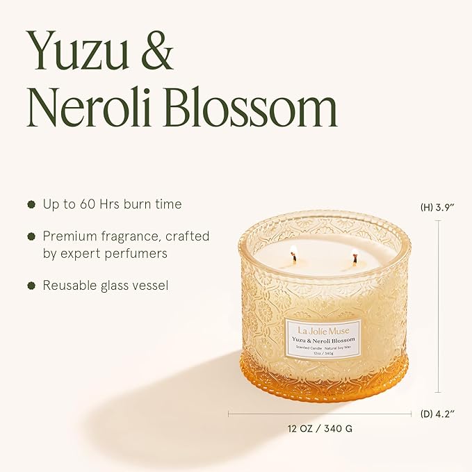 LA JOLIE MUSE Yuzu & Neroli Blossom Candle - Yuzu, Orange Blossom, Cedarwood | 12 oz Large 2-Wick Soy Wax Candle | 60 Hours Clean Burn | Citrus Scented Candle | Elegant Home D챕cor