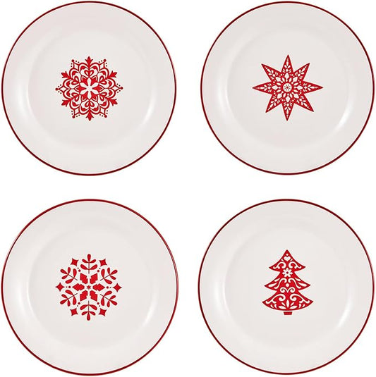 Bico Holly Jolly Salad Plates Set of 4, 8.75 Inch Ceramic Dessert Plates for Salad, Appetizer, Side Dishes, Microwave and Dishwasher Safe, Gift for Housewarming and Christmas