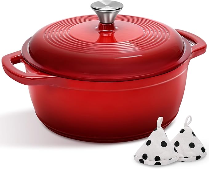 Enameled Cast Iron Dutch Oven Pot With Lid - AIVIKI 5QT Dutch Oven for Bread Baking With Cotton Potholders - Heavy-Duty Cookware for Braising, Stew, Roasting, Oven Safe up to 500째F, Red