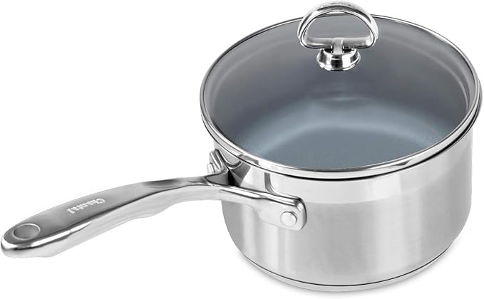 Chantal Induction 21 Steel 2 qt Non Stick Saucepan with Tempered Glass Lid, Ceramic Non Stick, Brushed Stainless Steel