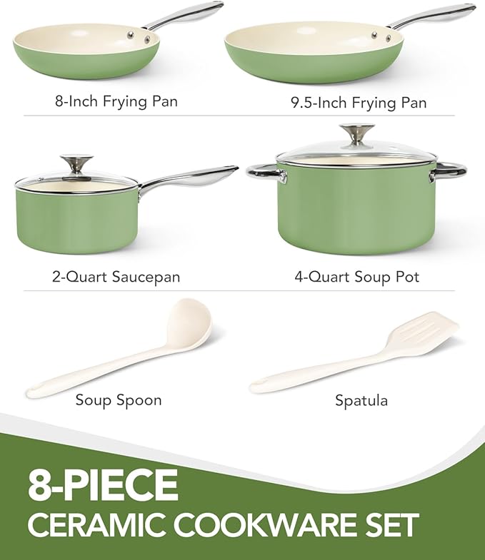 MICHELANGELO Pots and Pans Set Non Stick - Ceramic Cookware Set Non Toxic, 8-Pcs Nonstick Pots and Pans with Ergonomic Handle, Dishwasher Safe & Induction Compatible, Green