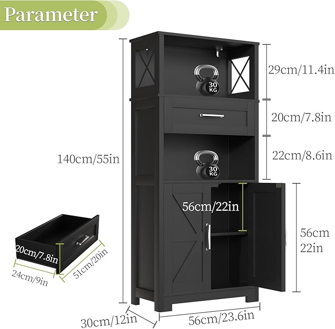 55" Tall Kitchen Pantry, Farmhouse Storage Cabinet with Doors, Shelves and Drawer, Rustic Wood Cupboard for Kitchen, Dining Room (Black)