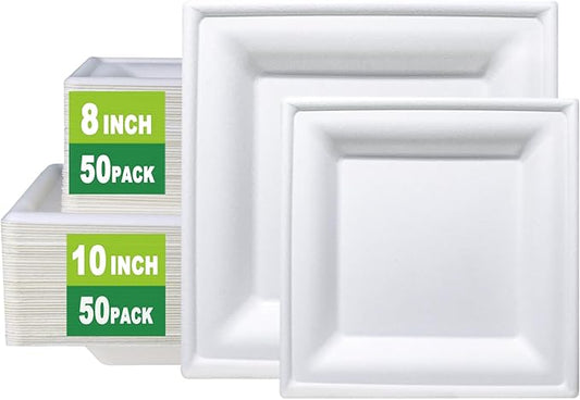 GreenWorks 8 inch and 10 inch Compostable Plates (each 50 Count), 100 Count Bagasse and Bamboo Fiber Disposable Paper Plates