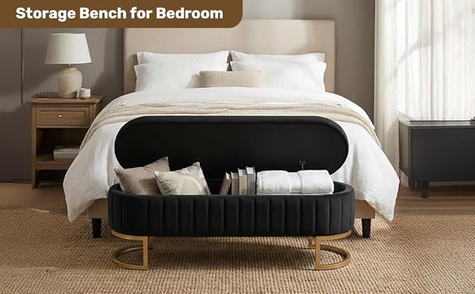 VIROL 51 Inch Storage Ottoman Bench Velvet End of Bed Storage Bench King Size Upholstered Tufted Bench Large Space for Bedroom Living Room Entryway Black