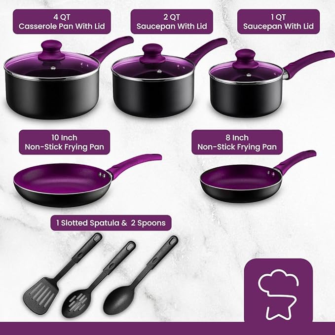 Chef?셲 Star Aluminum Pots and Pans Set for Kitchen - Nonstick Stackable Induction Cookware, 11 Pcs, Purple