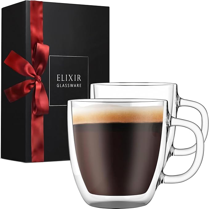 Elixir 16 oz Large Double Wall Coffee Mug Set of 2 - Double Wall Glass Coffee Cup - Large Coffee Mug - Insulated Glass Coffee Mugs with Handle for Hot Drinks Tea
